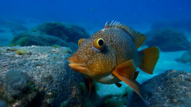 Colorful hogfish underwater swimming near coral reef rocks