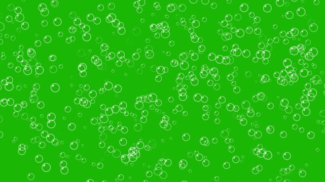 Rising air bubbles- Water bubbles rising on green screen background. Foam bubbles random animation. White champagne bubbles rising upwards. Soap bubbles floating and moving slowly in the green sky.