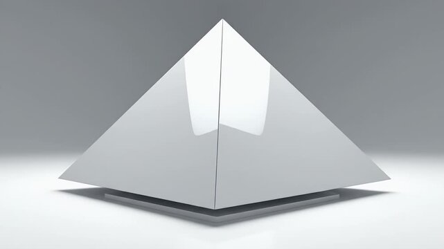 A sharp, white, three-dimensional pyramid rests on a grey square platform