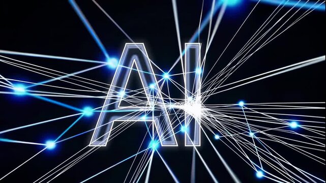 A futuristic video showcasing the concept of artificial intelligence with a neon-lit AI logo surrounded by a network of glowing lines and nodes on a dark background