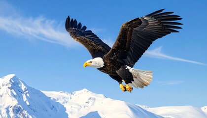 Obraz premium A majestic bird soars high, with dark wings against a bright blue sky. Mountains appear in the backdrop