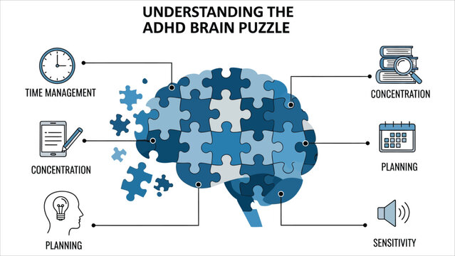 Vector ADHD Brain Puzzle Infographic with Time, Books and Focus Icons..