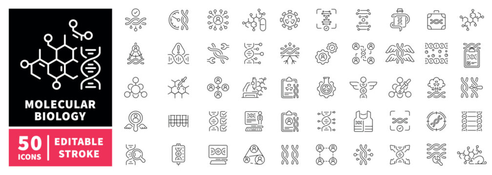 Molecular biology editable line icons set. dna and genetics symbols