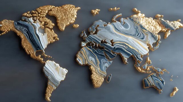 175Top-down abstract world map made entirely of flowing metallic oil, warm gold representing wealth, cool silver symbolizing industry, global energy balance concept
