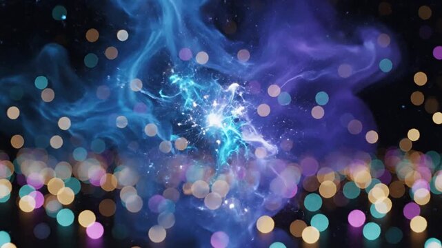 Glowing blue abstract entity surrounded by colorful bokeh lights