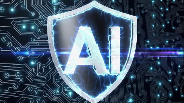 A futuristic video showcasing a shield with AI logo on a circuit board background with blue lights