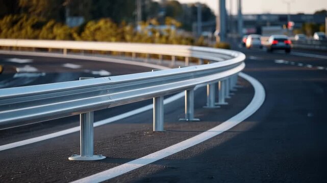 188Infrastructure detail shot of a guardrail bordering a paved road, daylight highlighting smooth curves and structural integrity, public safety and transportation design