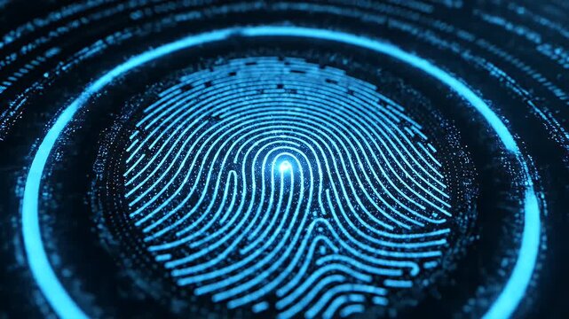 Close-up digital fingerprint scan with glowing lines and data streams