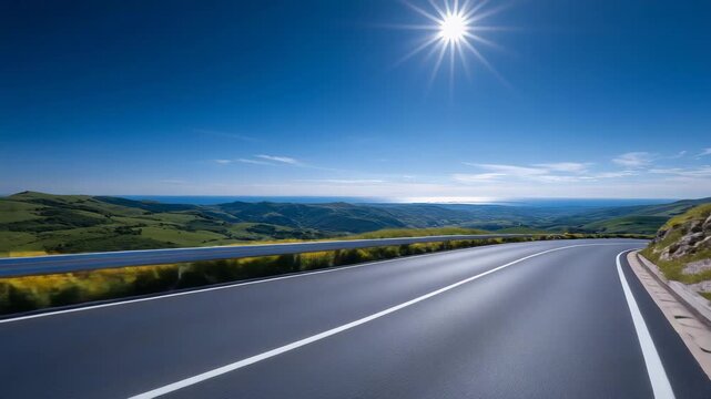 190Wide-angle view of a road curving through countryside with a shiny guardrail, strong daylight contrast, symbol of driver protection and thoughtful infrastructure planning