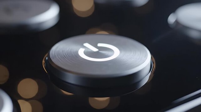 Brushed metal power button with symbol and warm bokeh lights
