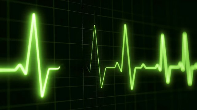 A bright green electrocardiogram line pulses across a dark grid background