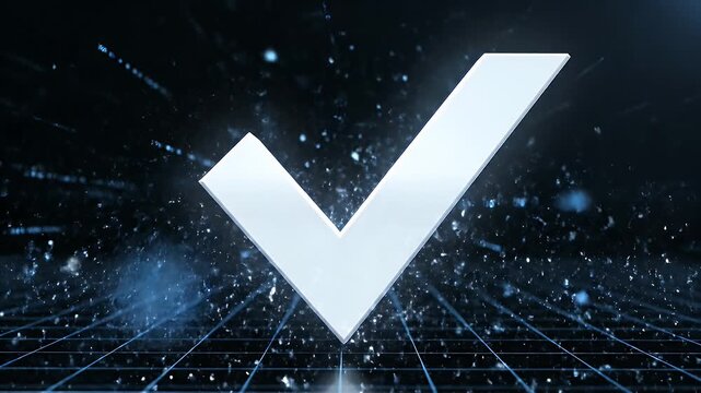 A white checkmark explodes with light and particles on a grid