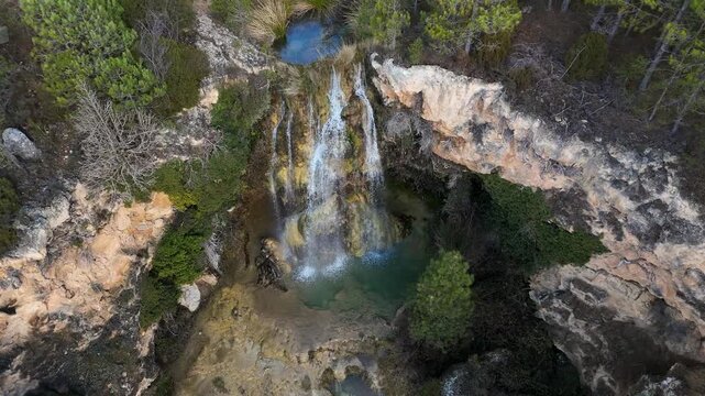Ivy Waterfall in Mora de Rubielos, Teruel, Aragon, seen from a drone from above