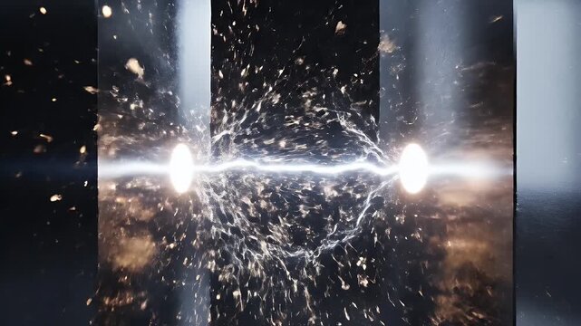 Cosmic energy bursts through dark, fractured planes in a spectacular display