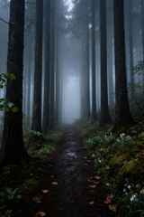 Enchanting foggy forest trail with towering pines and woodland flowers