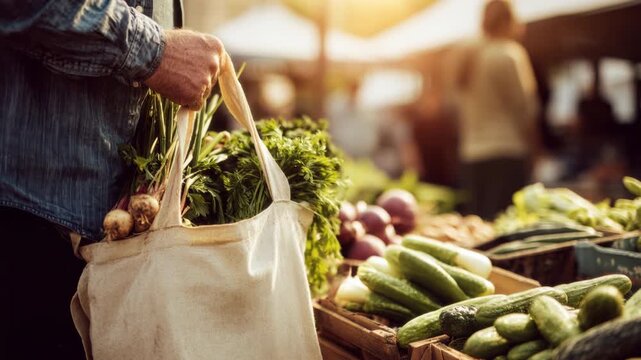 Man shopping at a market with fresh vegetables in a reusable bag. This organic sustainable lifestyle and grocery concept shows eco-friendly choices for healthy nutrition and local produce