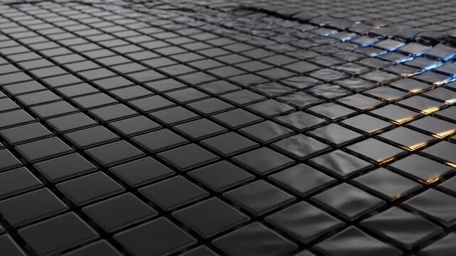 Luminescent, iridescent wave flowing over a dark, tiled surface
