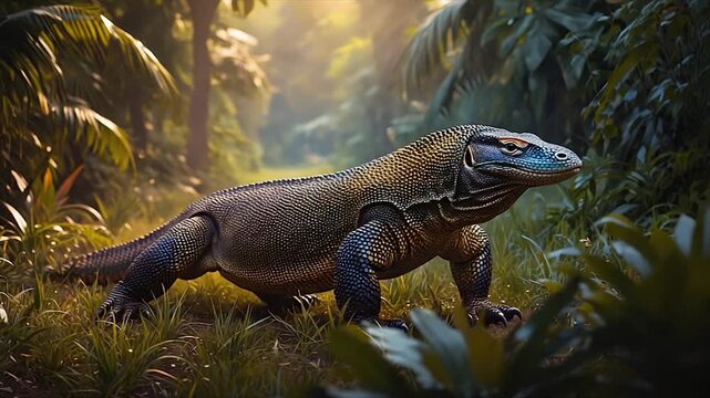 A large monitor lizard walks through a jungle, illuminated by soft sunlight