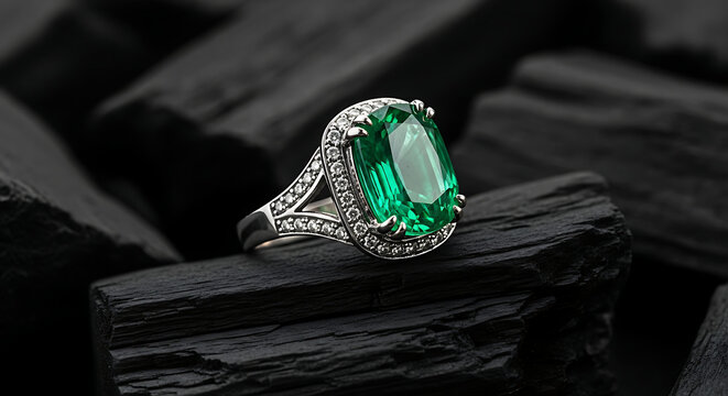 A luxurious emerald ring with intricate silver details resting on a charcoal slab, captured in a close-up, dramatic lighting, studio setting