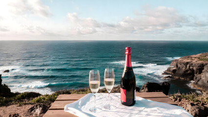Celebratory Champagne by the Sea: A romantic scene unfolds with a bottle of champagne and two glasses, poised on a table overlooking the vast, beautiful ocean, promising a moment of pure bliss.