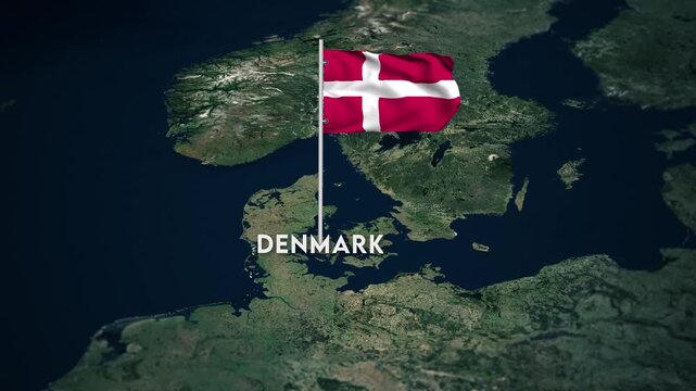 The Flag of Denmark on the World Map, the Denmark flag waving on the 3d map animation 4K