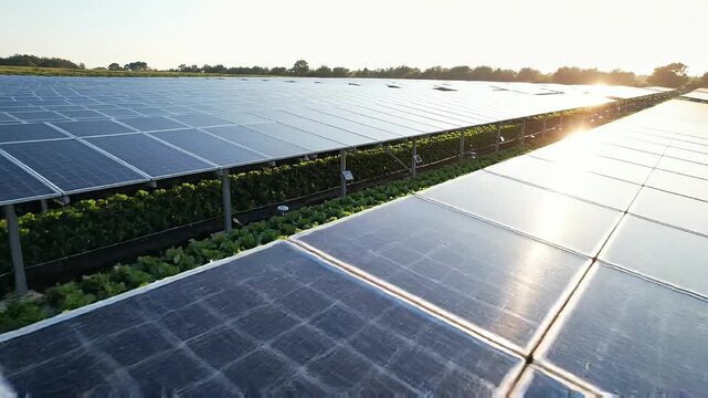 Agrivoltaic farming field with solar panels shading rows of green lettuce under sunset light.