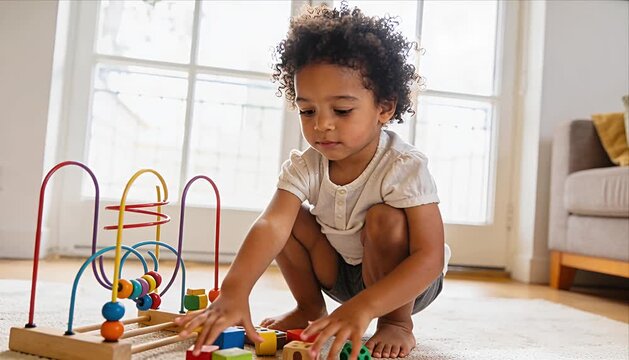 African american toddler child with curly hair playing wooden educational toy colorful block bead maze indoor living room natural light mixed ethnicity toddler explores body proportions emotional