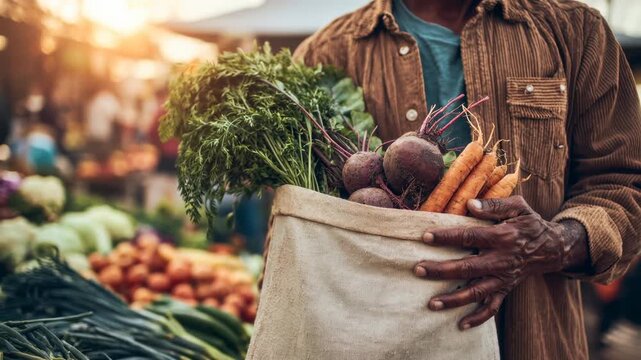 Man at a market with fresh vegetables in a reusable bag. This organic sustainable lifestyle and grocery concept shows an eco-friendly choice for healthy nutrition and local produce in 4k.