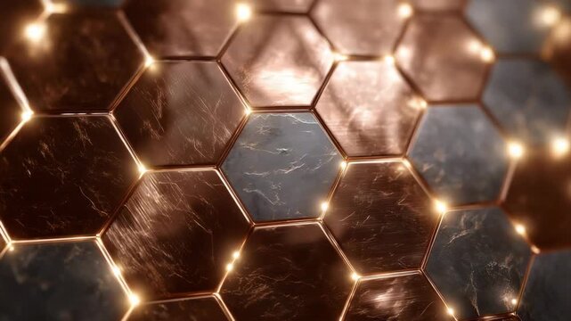 462Extreme close-up of copper hexagonal tiles, polished metallic texture with warm glow, subtle variations in tile surface, modern geometric design concept
