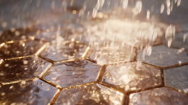 463Macro perspective of hexagonal copper tiles, light softly reflecting off edges, visible craftsmanship and metallic textures, contemporary interior or decorative design theme