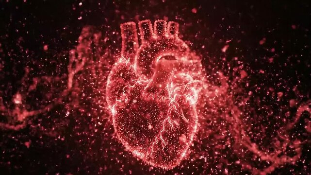 Glowing digital representation of a human heart in vibrant red light surrounded by energetic particle effects, illustrating cardiology or vital organ concepts in dark space.