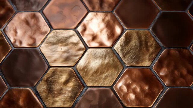 468Detailed top-down view of copper hex tiles, honeycomb pattern emphasized, metallic surfaces reflecting soft natural light, texture and color variations creating visual interest