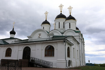 Fototapeta premium Spaso-Preobrazhensky monastery church with golden crosses on black domes