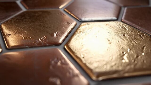 473Cinematic close-up of geometric copper tiles, hexagon pattern repeated, polished and slightly worn textures visible, warm metallic tones highlighted by soft light