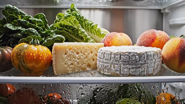 Fresh vibrant produce and cheese condensing inside refrigerator