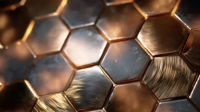 Artistic side-angle close-up of copper hexagon tiles, glowing warm reflections on polished surfaces, subtle shadows emphasizing depth and geometry