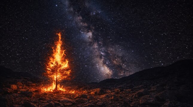 Nighttime bonfire under starry sky with Milky Way