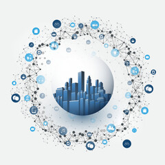 Futuristic Smart City, IoT and Cloud Computing Design Concept with Icons, Polygonal Mesh, Cluster and Nodes and Tall Buildings Inside a Glass Globe - Digital Network Connections, Technology Background © bagotaj