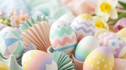 Colorful Easter Eggs with Spring Flowers. Concept featuring easter, eggs, spring, flowers, pastel.