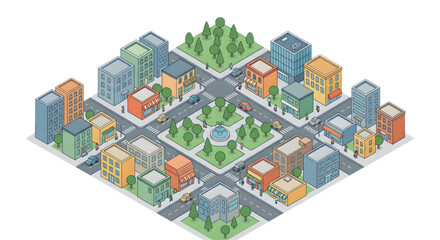 Fototapeta premium Isometric urban landscape with modern buildings, lush parks, busy streets, moving cars, and walking people
