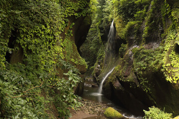 由布川渓谷の幻想的な峡谷と岩肌を流れる滝