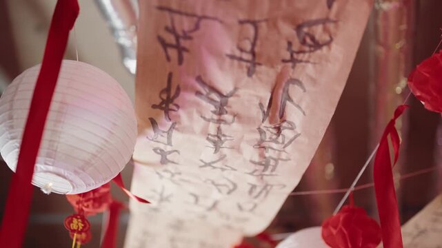Red and white lanterns gently swaying around a hanging scroll with traditional chinese calligraphy, symbolizing luck and prosperity during the festive lunar new year holiday celebration