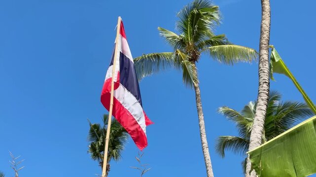 Thai national flag in red white blue colors waving against bright blue sky, framed by palm and banana trees. Tropical Thailand atmosphere with culture, freedom and travel mood