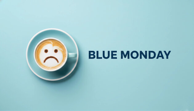 Upset face on coffee foam, top view, copy space. Blue Monday. Seasonal depression or disorder concept. Mental problems.