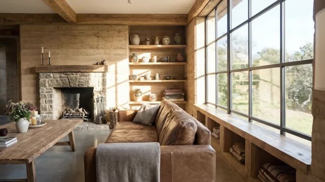 Cozy living room with wooden accents featuring a stone fireplace, large windows, and a rustic wooden table adorned with flowers and decorative items in a serene setting