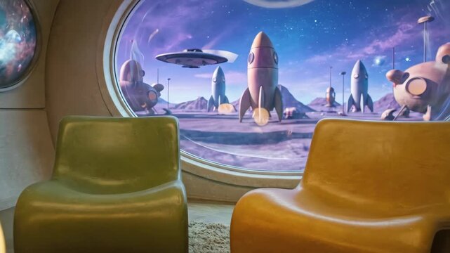 Futuristic lounge with colorful chairs and round table, featuring large windows showcasing rockets and a cosmic landscape in a sci-fi inspired setting