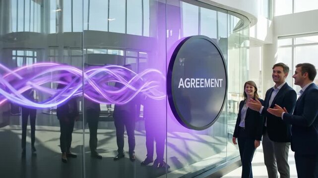 Group of diverse professionals interacting with a digital display in a modern office, engaging with visual elements representing agreement and collaboration