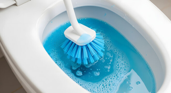 Cleaning a white toilet bowl with a blue brush and soapy water - generated-AI