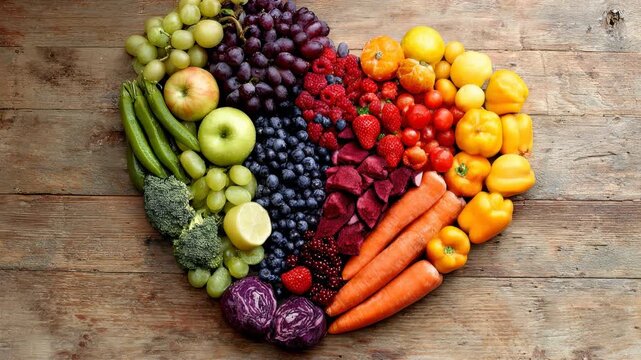 Heart shape with fresh fruit and vegetable for healthy diet. This organic nutrition variety wellness and healthcare concept shows assorted ingredients for a balanced lifestyle on wood in 4k.