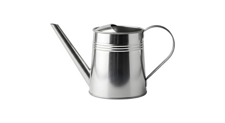 Polished Metal Watering Can with Long Spout and Handle, Isolated on White Background, Garden Tool